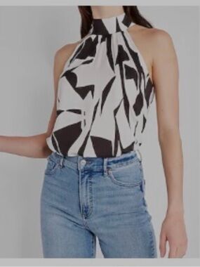 Conscious Edit Abstract Print Halter Neck Ruched Top White Dark Brown Top XS
